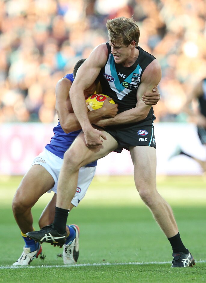 AFL 2016 Rd 09 - Port Adelaide v West Coast ADELAIDE, AUSTRALIA - MAY 21: Josh Hill of the Eagles tackles Tom Jonas of the Power during the 2016 AFL Round 09 match between Port Adelaide Power and the West Coast Eagles at the Adelaide Oval on May 21, 2016 in Adelaide, Australia. (Photo by James Elsby/AFL Media)